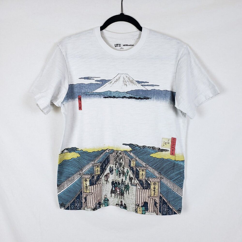 Uniqlo x MFABoston Japan Ukiyo-e T-Shirt Mens M Mt. Fuji Scenic Slub Cotton